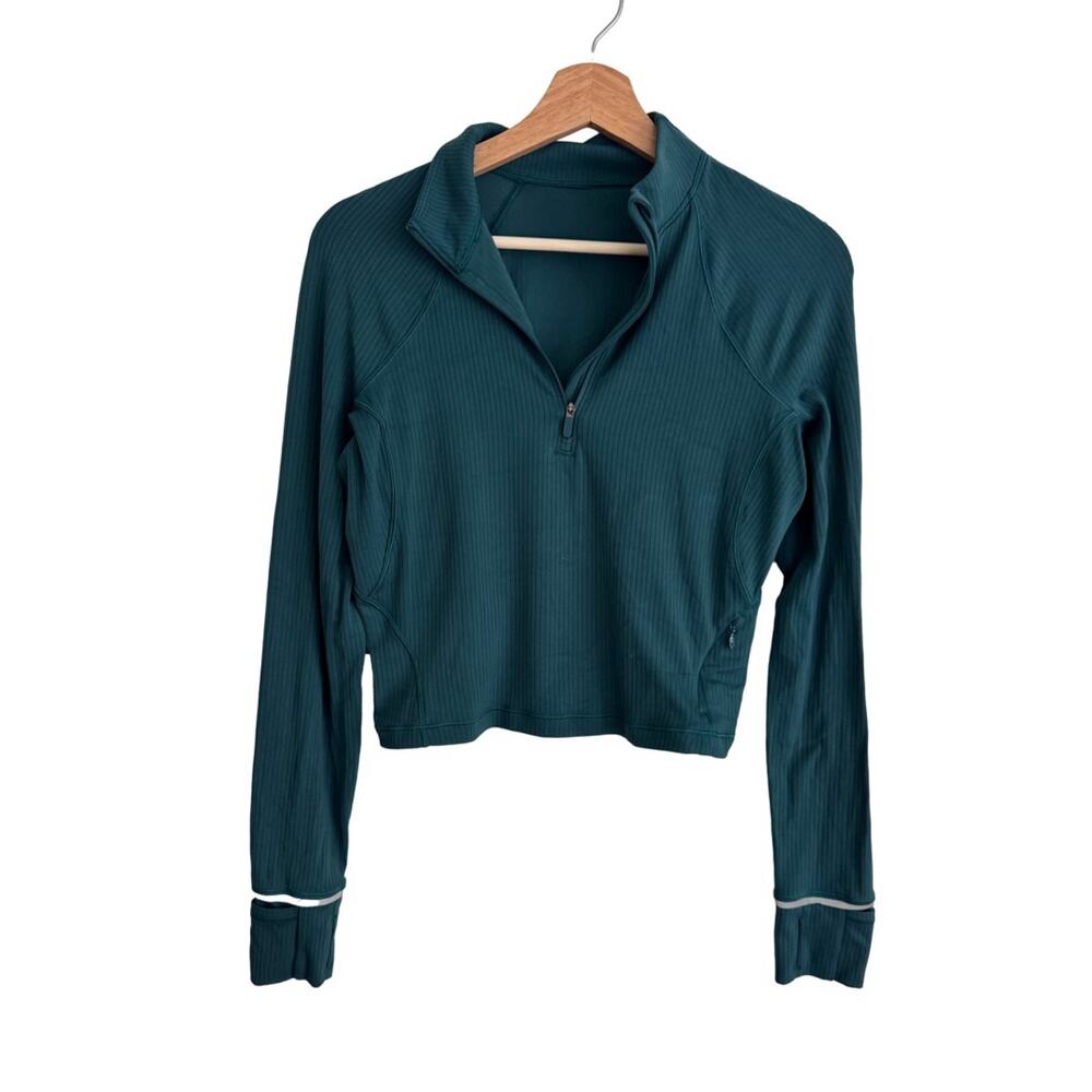 Lululemon Rulu Ribbed Cropped Half Zip Teal Long Sleeve Top Women 8